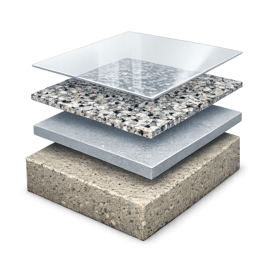 Exploded view of the concrete coating layers: concrete, base coat, decorative flakes, and clear topcoat