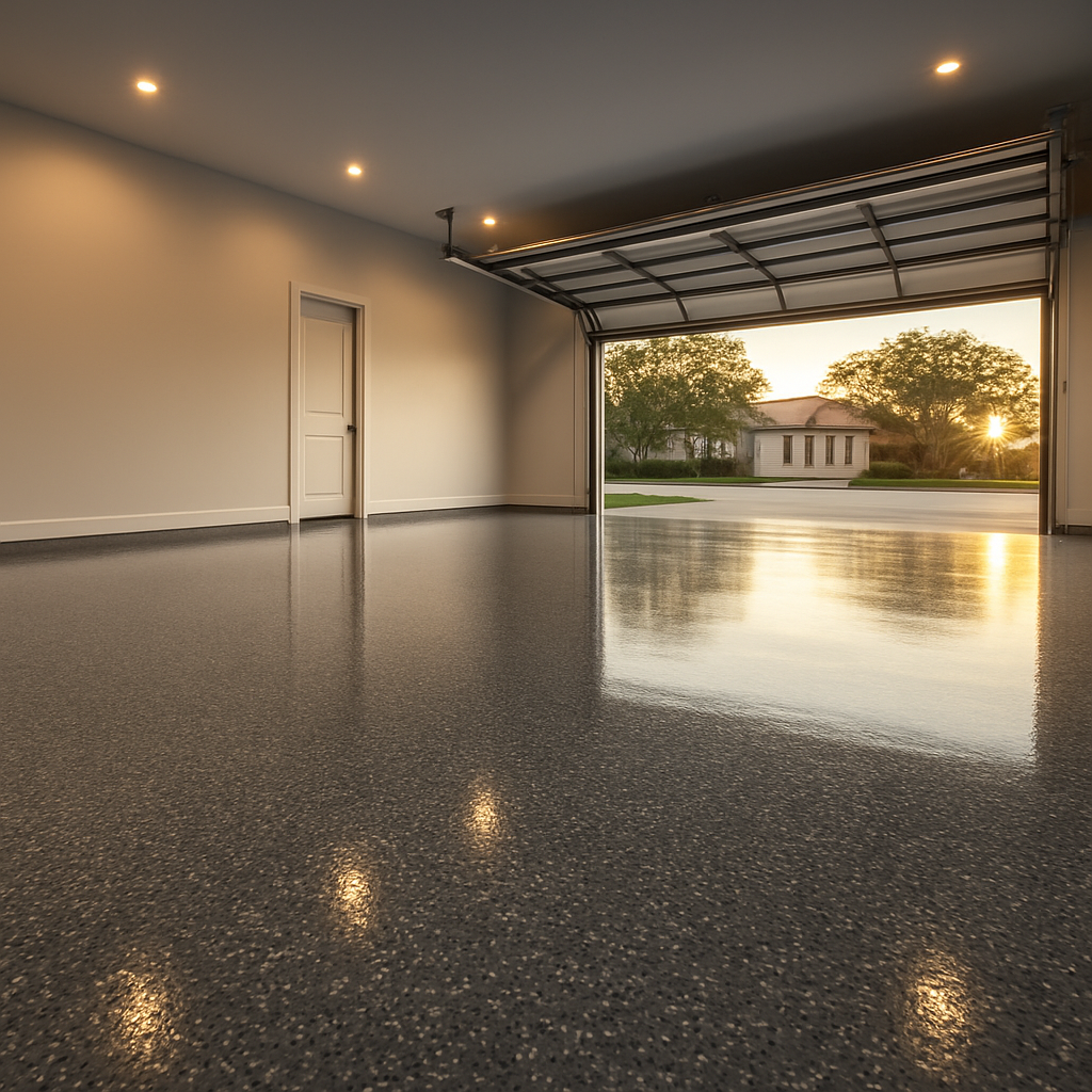 Premium flake concrete coating on a residential garage floor in San Diego
