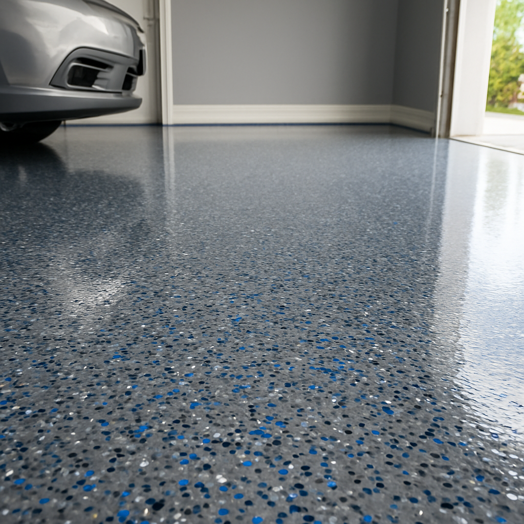 Blue and gray flake epoxy garage floor with a parked car